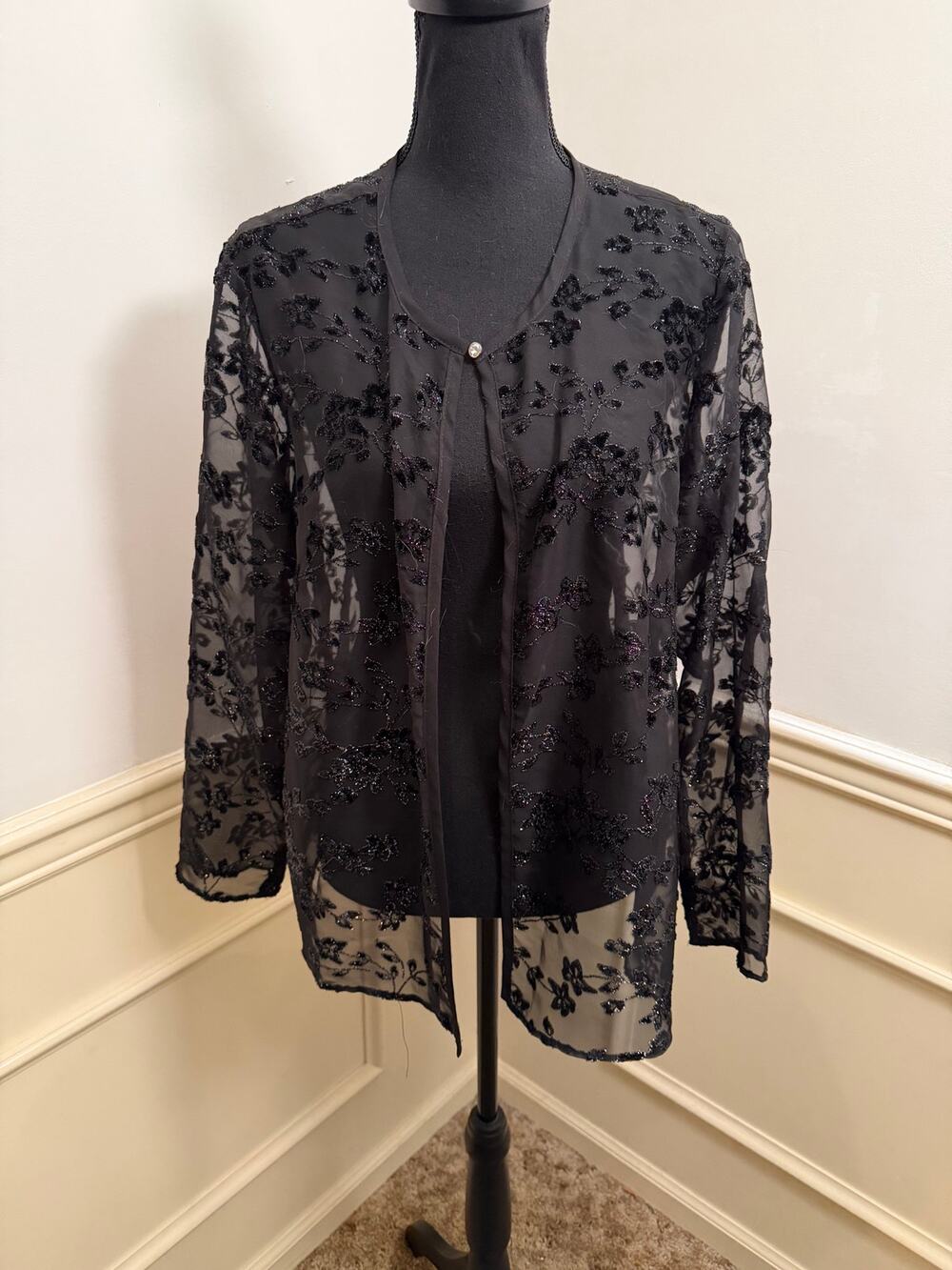 Vintage Onyx Nite Black Sheer Cardigan Jacket Floral Beaded Whimsigoth Formal